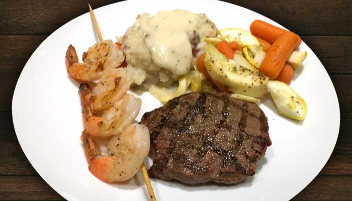 Double Sky Diner Moody Texas restaurant and catering surf and turf steak and shrimp dinner