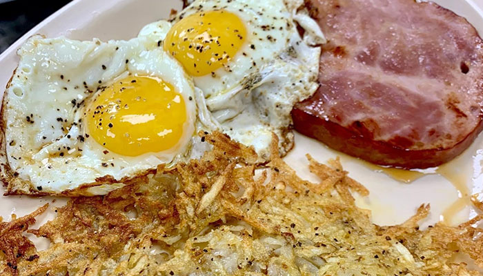 Double Sky Diner is a great place to start you day with breakfast of eggs, ham steak and hashbrowns.