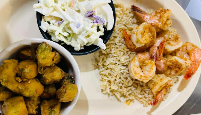 Shrimp, fired okra, coleslaw for dinner or lunch at Double Sky Diner in Moody TX